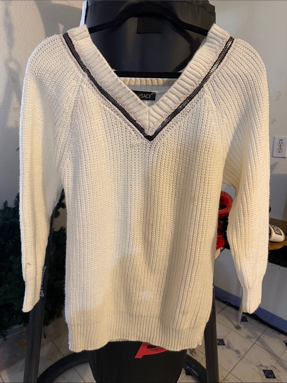 Cream V-Neck Knit Sweater with Black Trim